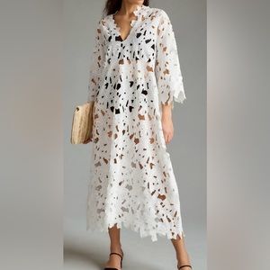 Anthropologie White Floral Kaftan Dress/CoverUp